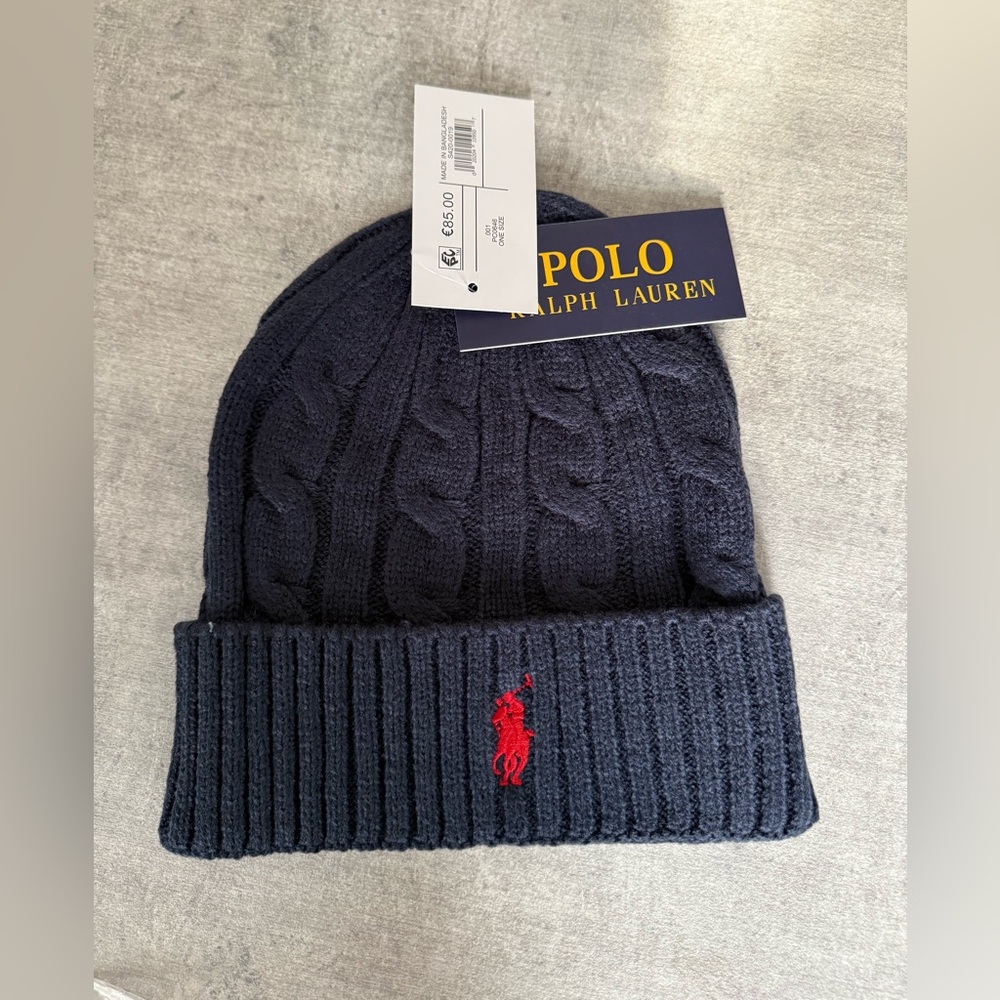 Polo by Ralph Lauren Navy Knit Beanie with Red Logo